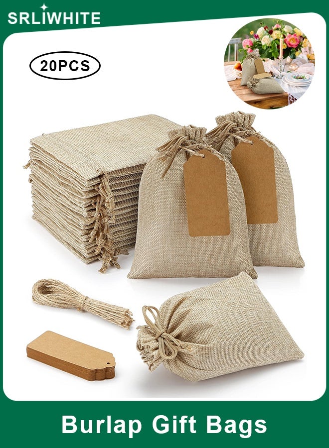 SRLIWHITE 20PCS Burlap Gift Bags with Drawstring, 10 x 15cm Small Linen Favor Bags with Tags and String, Reusable Mini Gift Bags for Wedding, Party, Jewelry, Coffee, and DIY Crafts - Image 1